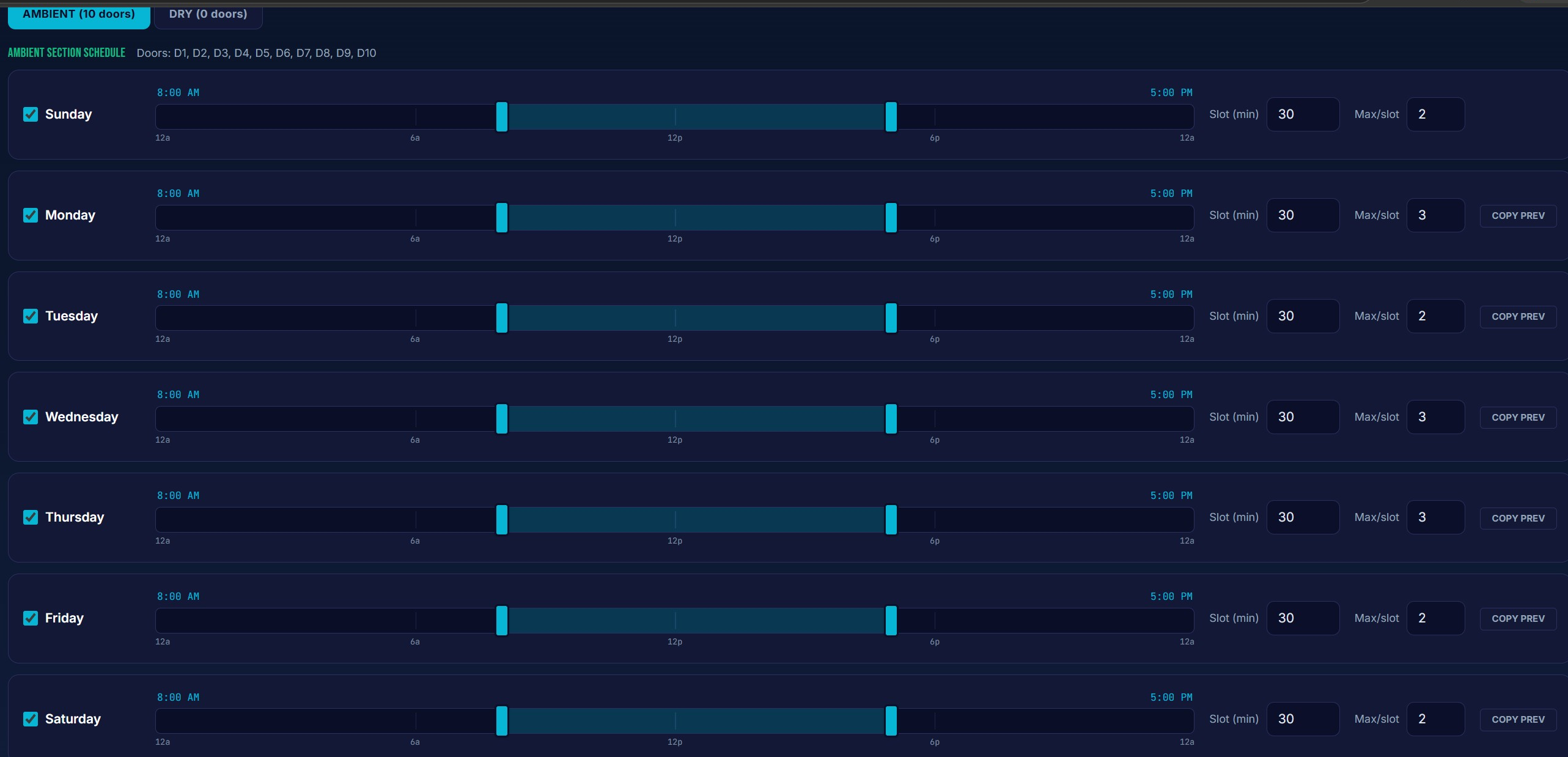 Schedule editor with per-day hours and slot caps